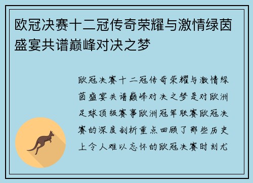 欧冠决赛十二冠传奇荣耀与激情绿茵盛宴共谱巅峰对决之梦
