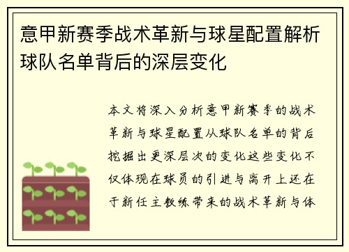意甲新赛季战术革新与球星配置解析球队名单背后的深层变化