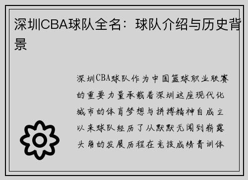 深圳CBA球队全名：球队介绍与历史背景